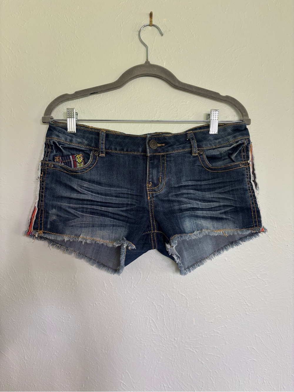 Rue21 Dark Blue Distressed Denim Jean Embroidered Shorts with Side Stripe Detail